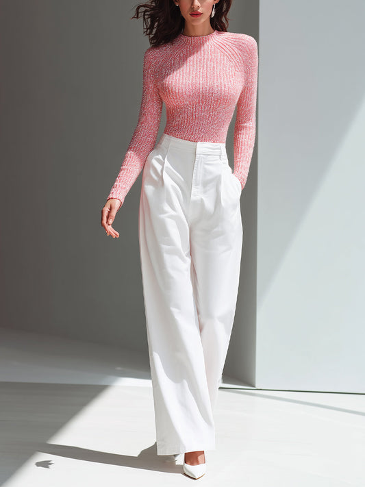 Women's Pink & White Elegant Glitter - Knit Sweater & Wide - Leg Pants Set  MDA1531H1I
