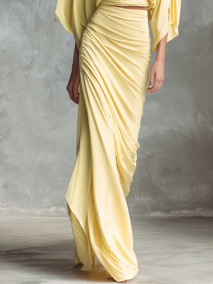 Women's Yellow Elegant Satin Ruched Batwing - Sleeve & Maxi Skirt Set MDA2089H1I