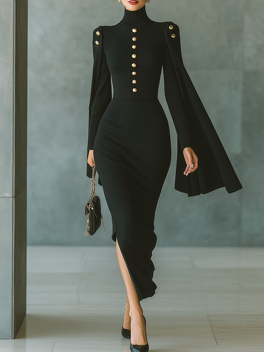 Women's Black Knit Cape Sleeve Fitted Maxi Dress MDA0802H3T