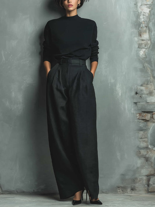 Women's Black Elegant Knit Top & Belted Wide - Leg Pants Set (without Belt) MDA2099H7I