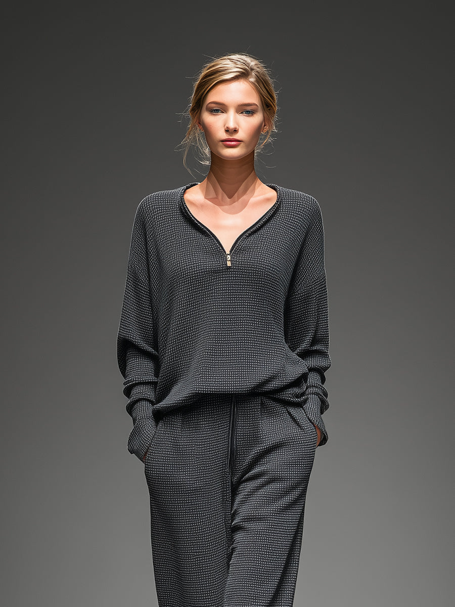 Women's Grey Casual Knit Half - Zip V -Neck Loose Fit Loungewear Two-piece Set MDA0529H6I