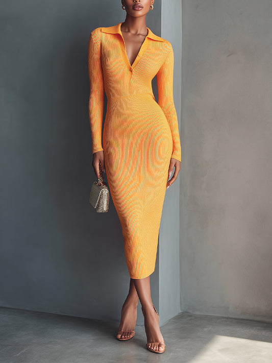 Women's Orange Chic Rib - Knit Polo - Neck Midi Dress MDA1133H5I