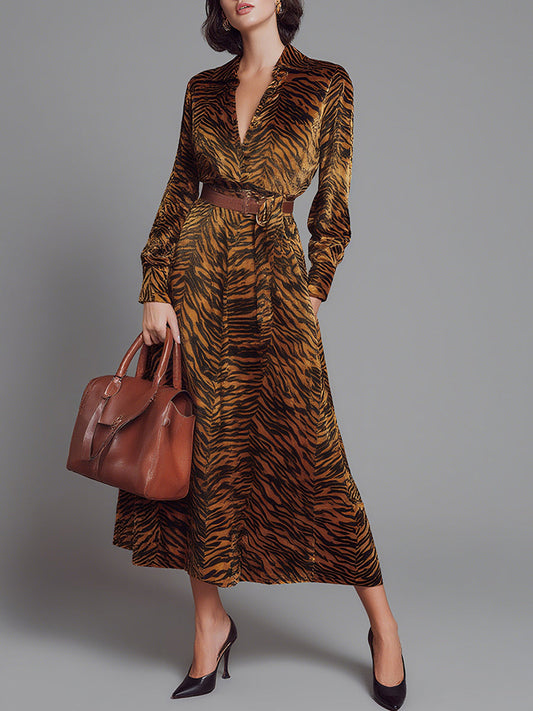 Women's Brown Animal - Print Elegant Velvet Belted Maxi Dress MDA0535H2I
