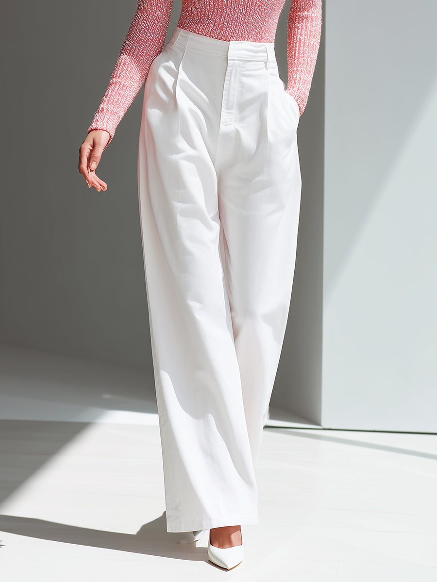 Women's Pink & White Elegant Glitter - Knit Sweater & Wide - Leg Pants Set  MDA1531H1I