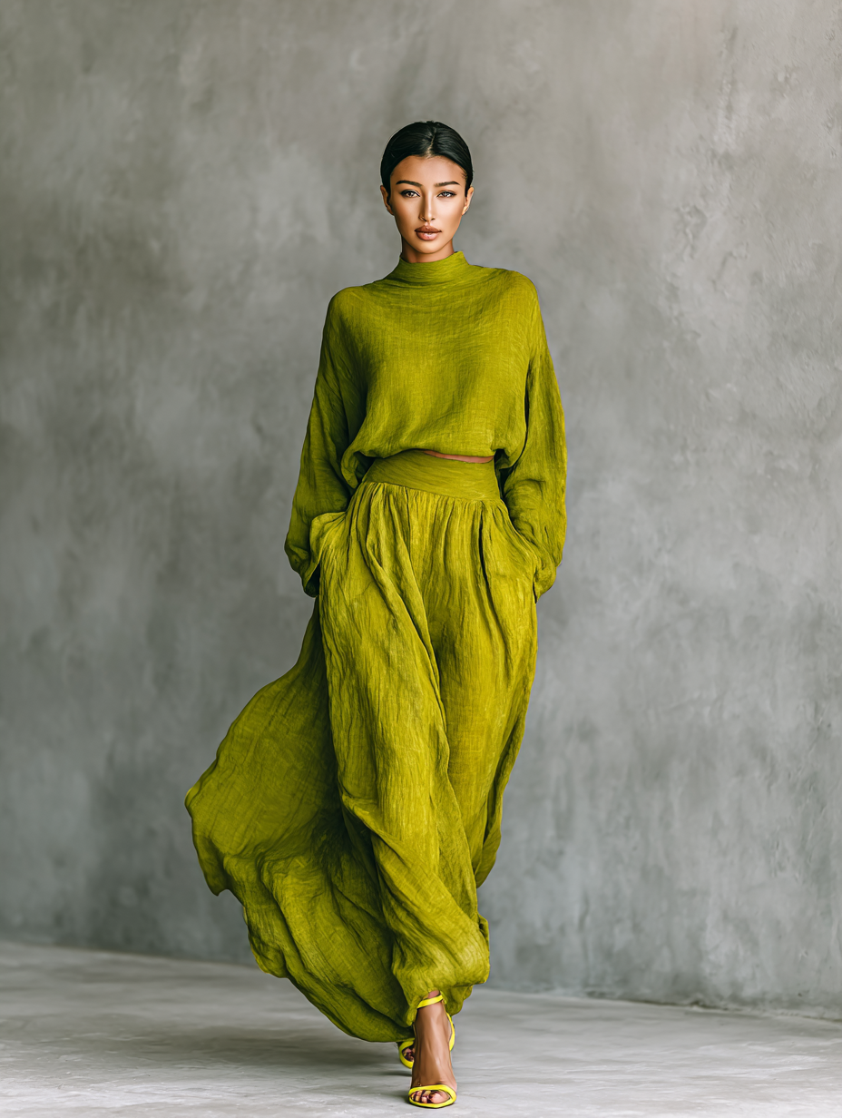 Women's Green Turtleneck Cotton And Linen Blend Suit MDA2938G4T