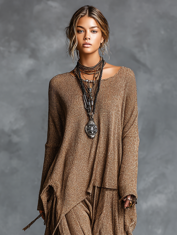 Women's Knitted Round Neck Irregular Hem Tassel Skirt Set MDA1349H6Y