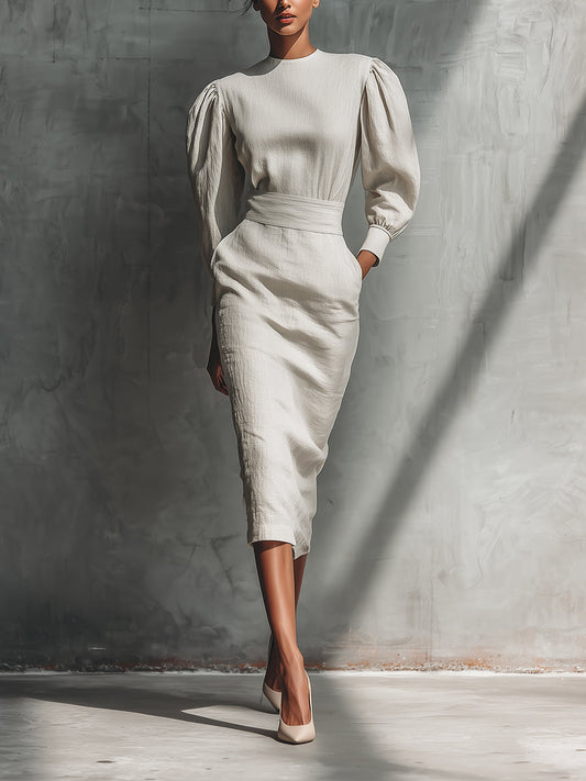 Women's Beige Elegant Linen Blended Puff - Sleeve Midi Dress MDA1860H7I