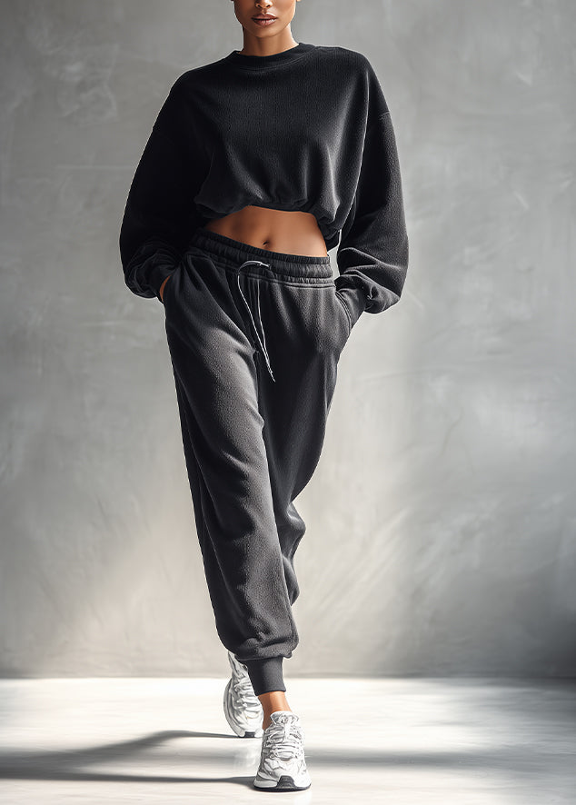 Women's Black Casual Fleece Cropped Sweatshirt & Joggers Set MDA1300H4I