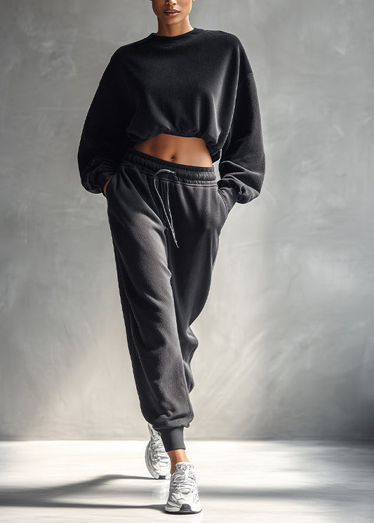 Women's Black Casual Fleece Cropped Sweatshirt & Joggers Set MDA1300H4I