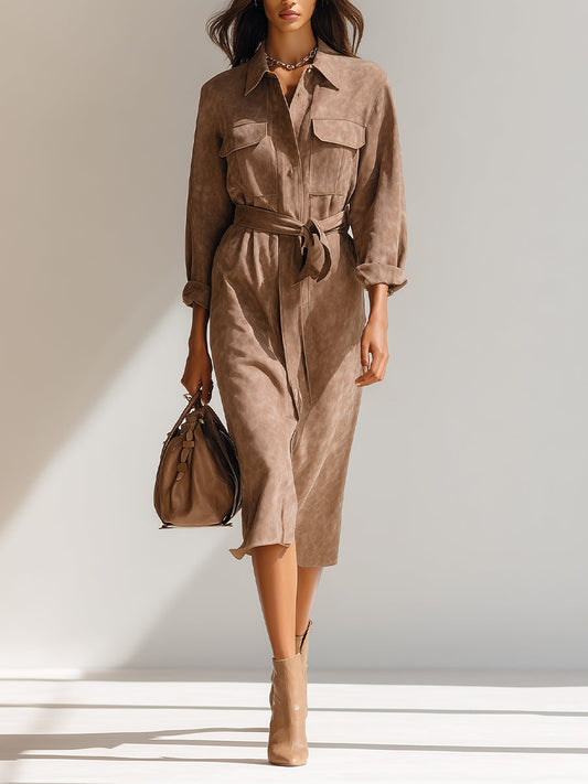 Women's Taupe Elegant Suede Belted Pocket - Detailed Shirt Midi Dress MDA2216H4I