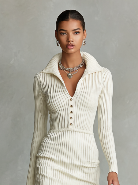 Women's Fashion Lapel V-Neck Tight Knit Mini Dress MDA1210H9Y