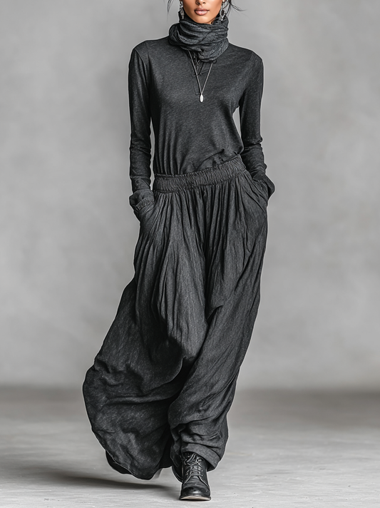 Women's Loose Polo Neck Long Sleeve Elastic Waist Maxil Dress (Scarf Not Included)MDA0780H5Y