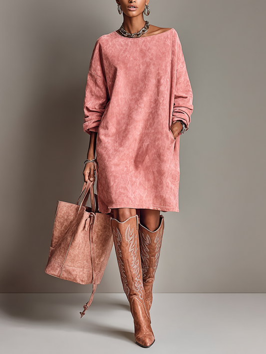 Women's Vintage Loose Pink Suede Long Sleeve Round Neck Midi Dress MDA1968H6Y