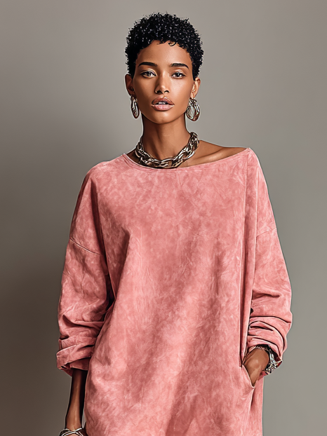 Women's Vintage Loose Pink Suede Long Sleeve Round Neck Midi Dress MDA1968H6Y