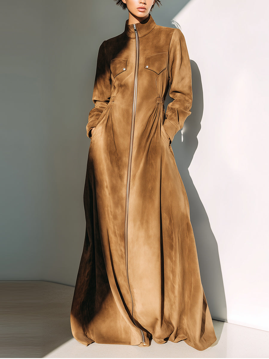 Women's Camel Elegant Suede Zip - Front Maxi Dress MDA0675H9I