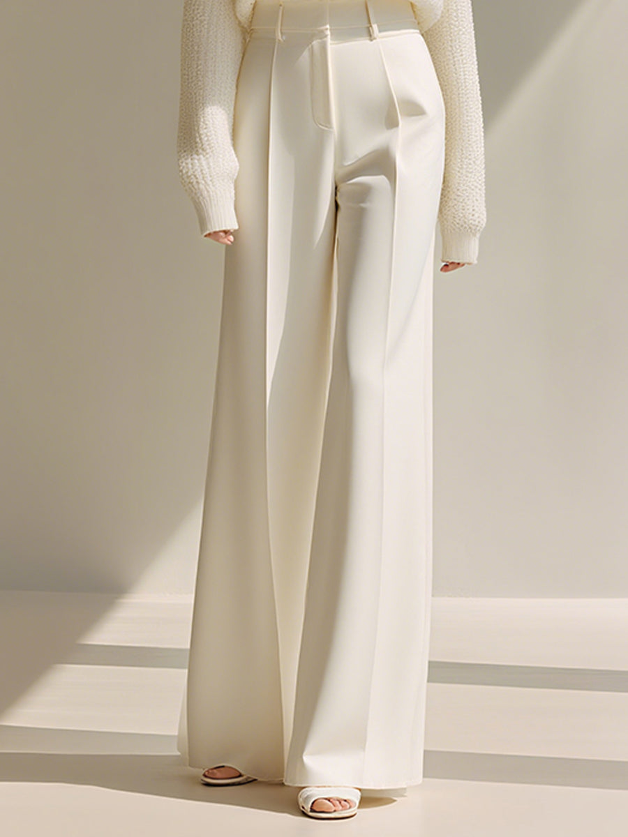 Women's White Elegant Knit Cold - Shoulder Sweater & Wide - Leg Pants Set MDA1957H7I