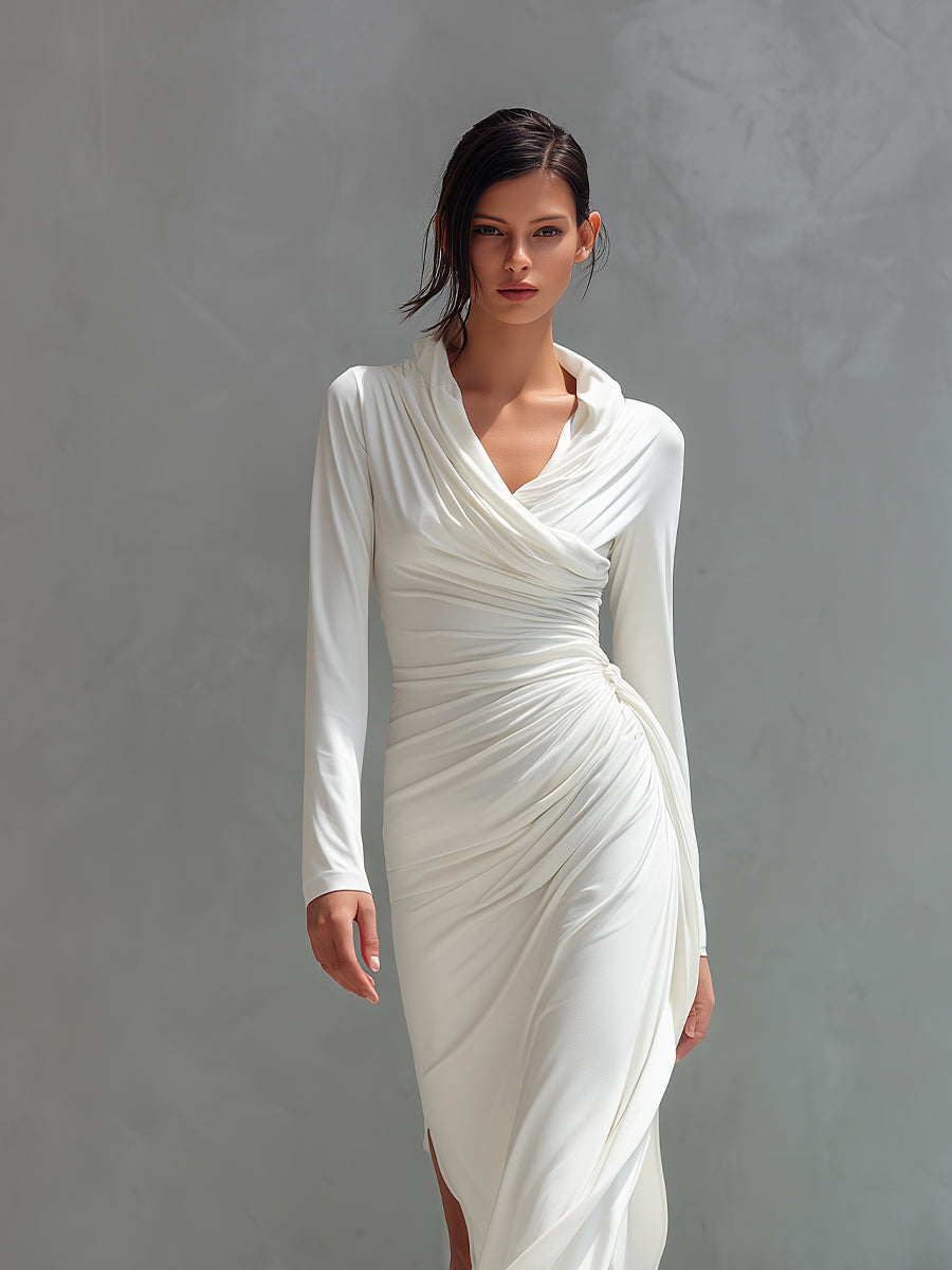 Women's White Elegant Satin Draped Ruched Slit Maxi Dress MDA2002H0I