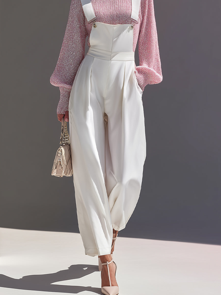 Women's Pink Chic Lurex - Knit Sweater & High - Waist Overalls Set MDA1590H2I