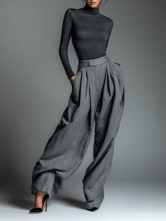Women's Solid Color Tight High Neck T-shirt And Trousers Set MDA1365H8Y