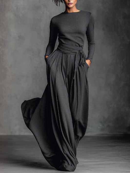 Women's Black Elegant Knit Belted Maxi Dress Two-piece Set MDA2092H3I