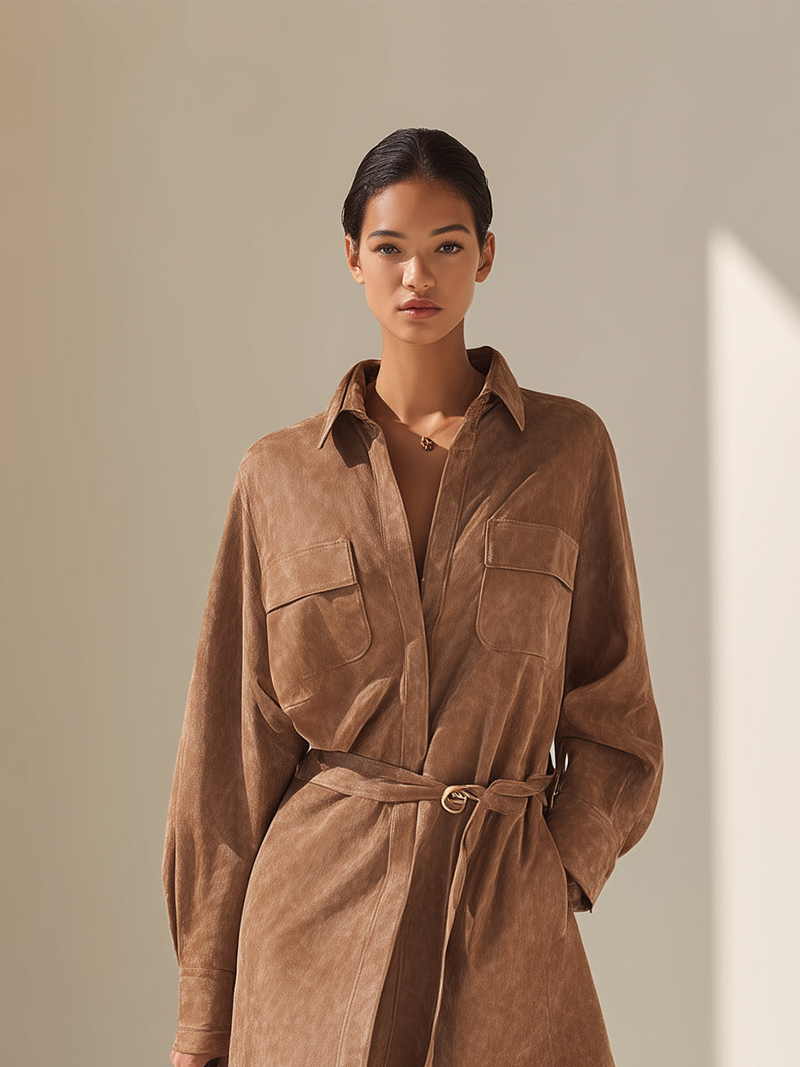 Women's Tan Elegant Suede Belted Shirt Mini Dress MDA2293H9I