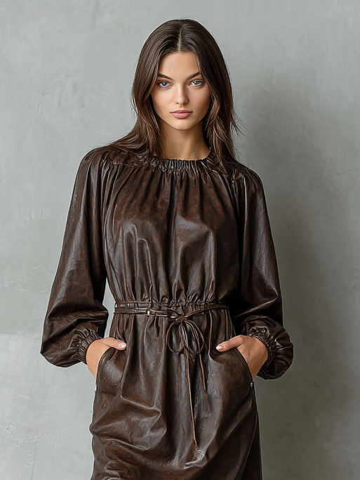Women's Distressed Leather Crew Neck Drawstring Midi Dress MDA1295H1Y