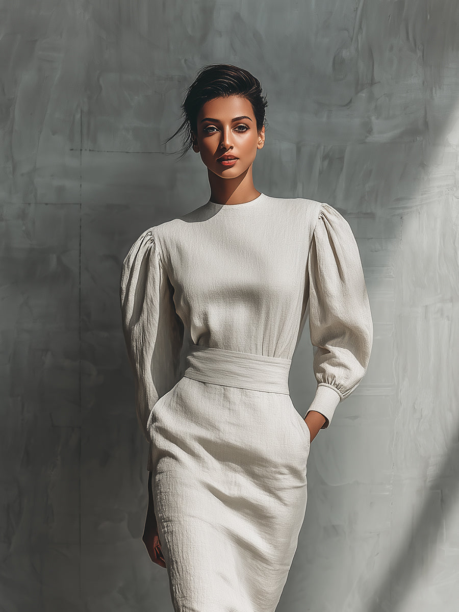 Women's Beige Elegant Linen Blended Puff - Sleeve Midi Dress MDA1860H7I