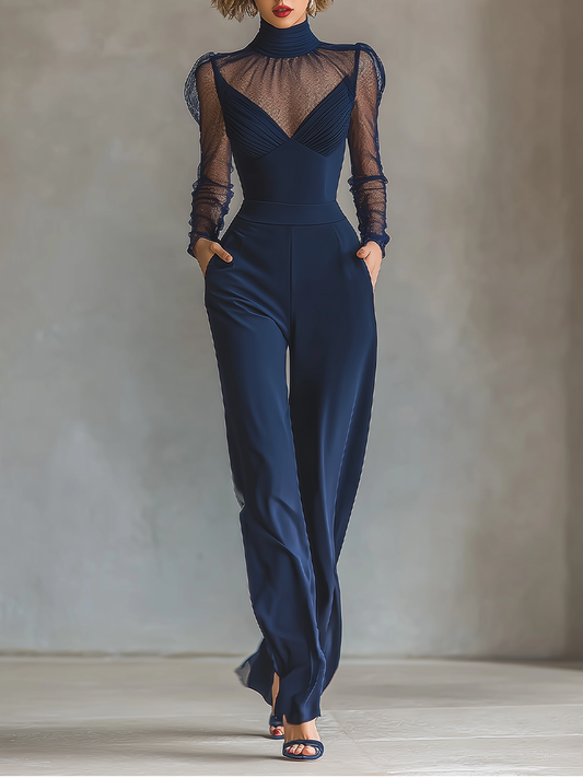 Women's Blue Blended Yarn Sleeve Cinched Waist Jumpsuit MDA2992G5T