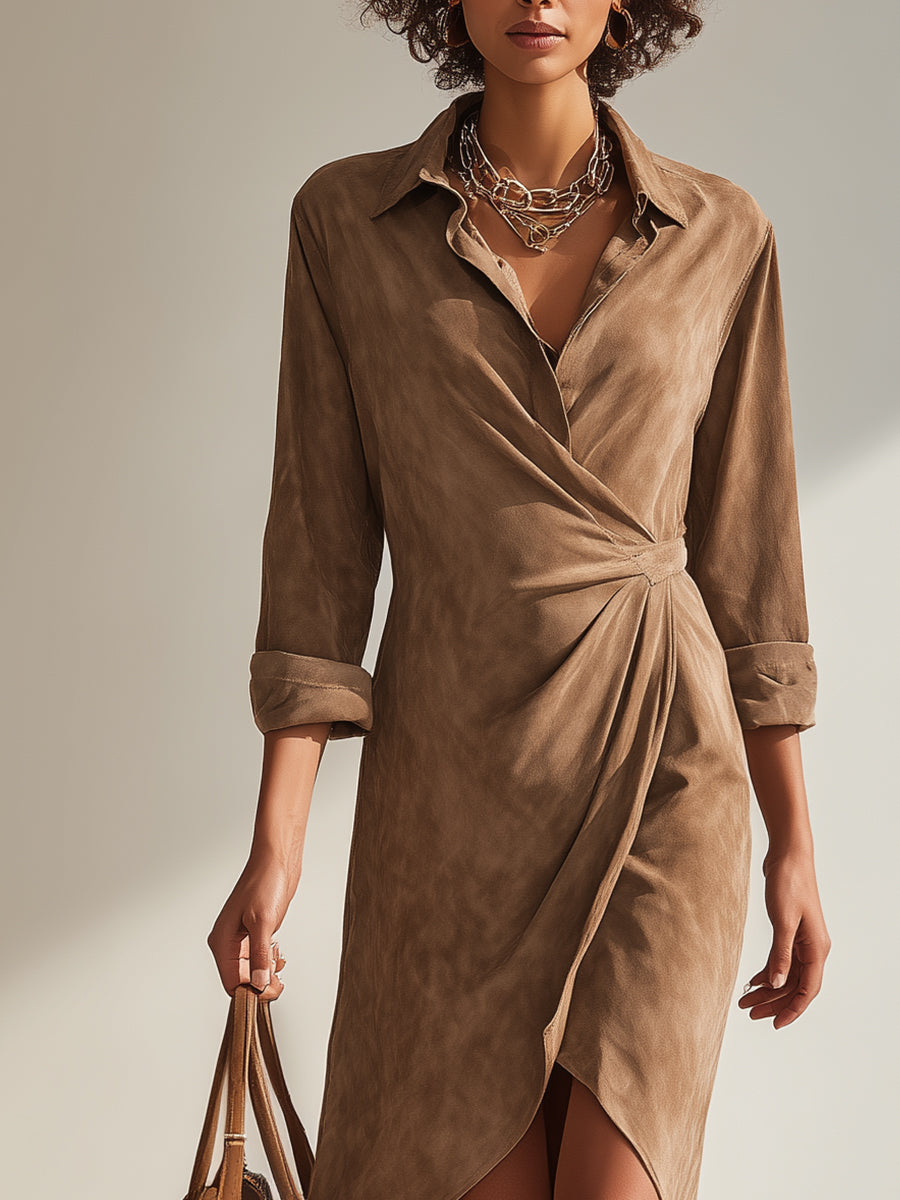 Women's Taupe Elegant Suede Wrap - Front Asymmetric Shirt Midi Dress MDA2275H4I