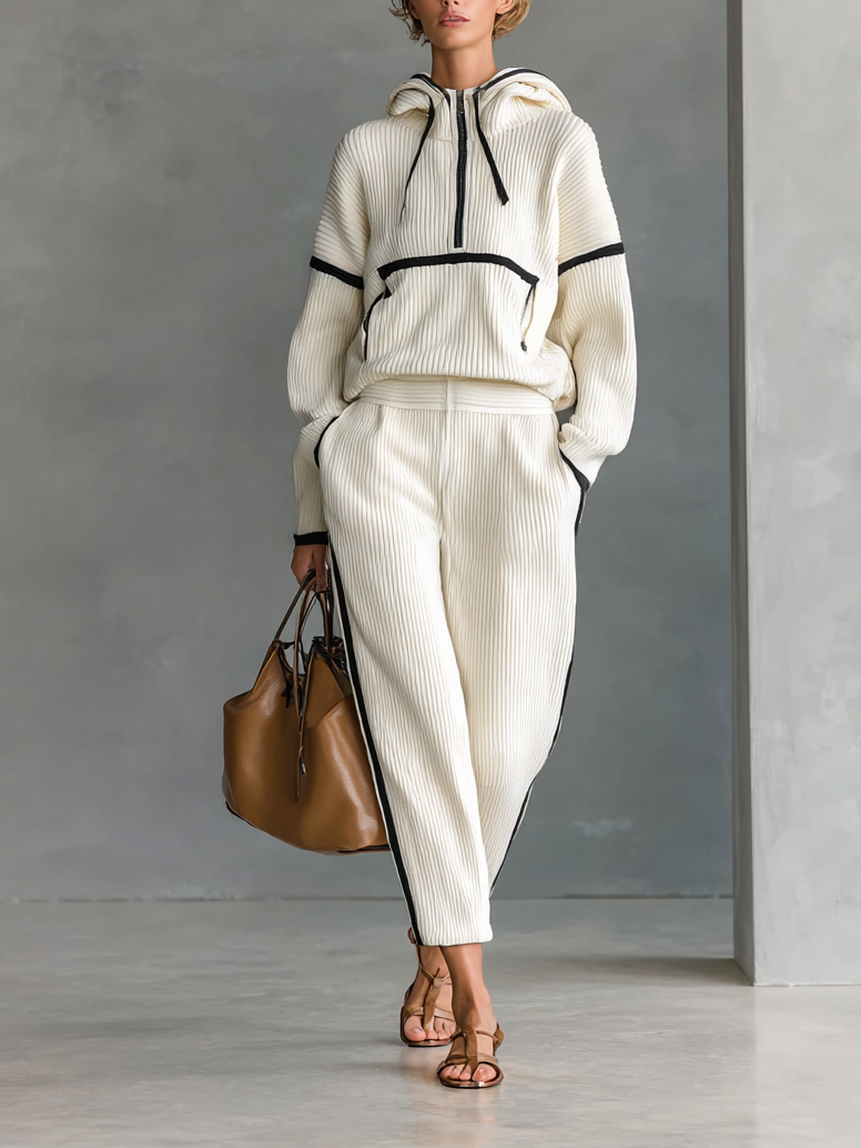 Women's Fashion Corduroy Zipper Hooded Sweatshirt Pants Set MDA1809H2Y