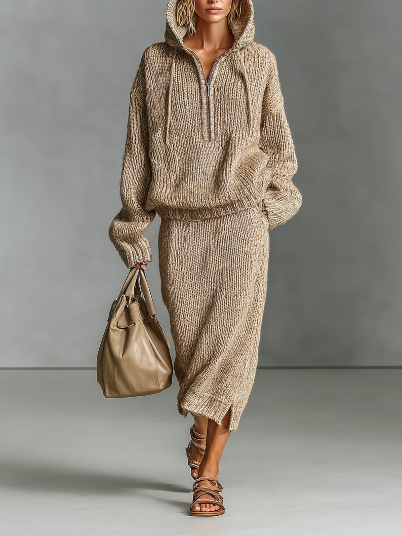 Women's Fashion Loose Knitted Hooded Sweater Skirt Set MDA1546H1Y