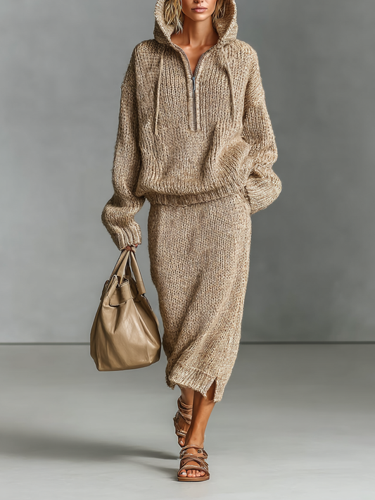 Women's Fashion Loose Knitted Hooded Sweater Skirt Set MDA1546H1Y