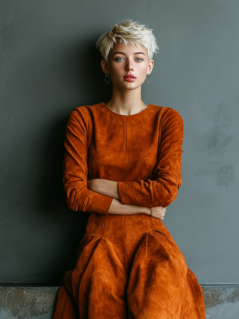 Women's Fashion Suede Round Neck Long Sleeve Midi Dress MDA1485H9Y