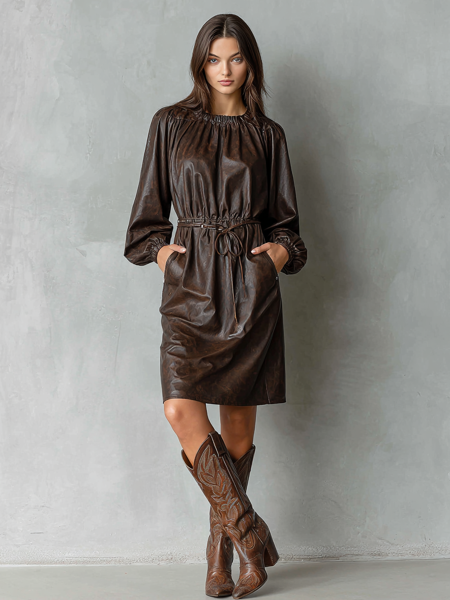 Women's Distressed Leather Crew Neck Drawstring Midi Dress MDA1295H1Y