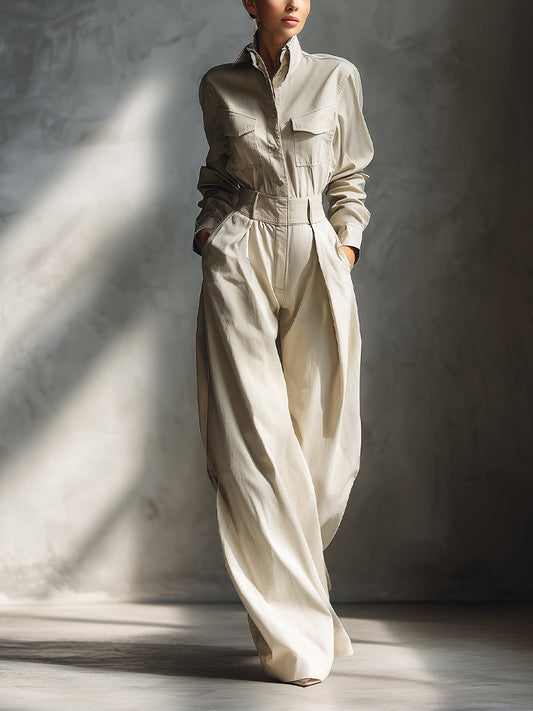 Women's Beige Elegant Cotton Blend Button - Front Wide - Leg Jumpsuit MDA2000H6I