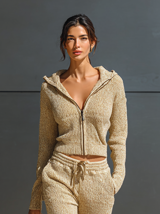 Women's Fashion Slim Fit Knitted Hooded Cardigan Pants Set MDA1466H4Y