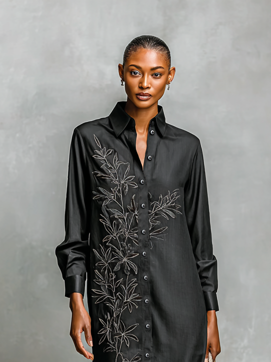 Women's Loose Leaf Embroidered Shirt Maxi Dress MDA1500H0Y