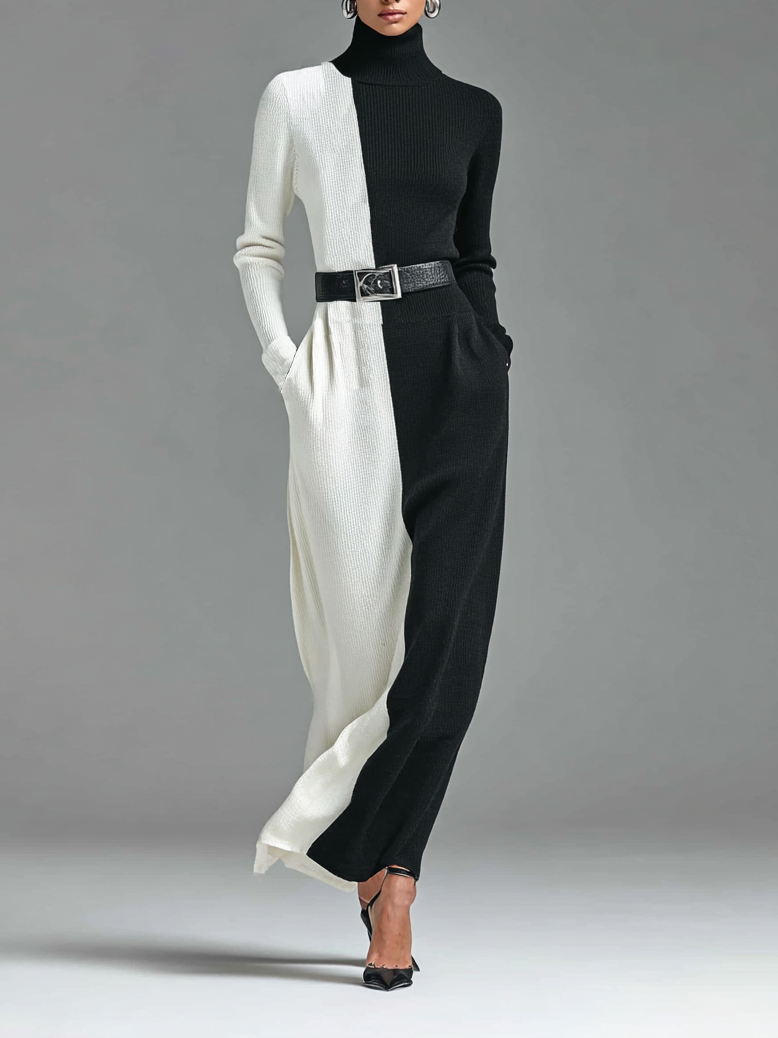 Women's Fashion Loose Turtleneck Black And White Colorblock Knit Maxi Dress (Belt Not Included)MDA1615H4Y