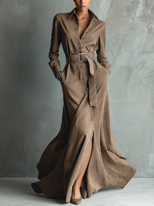 Women's Taupe Elegant Suede - Like Belted Shirt Maxi Dress MDA1441H1I