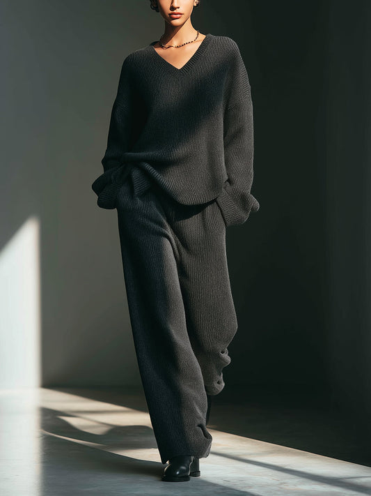 Women's Dark Grey Elegant Rib - Knit V - Neck Sweater & Wide - Leg Pants Set MDA1436H2I