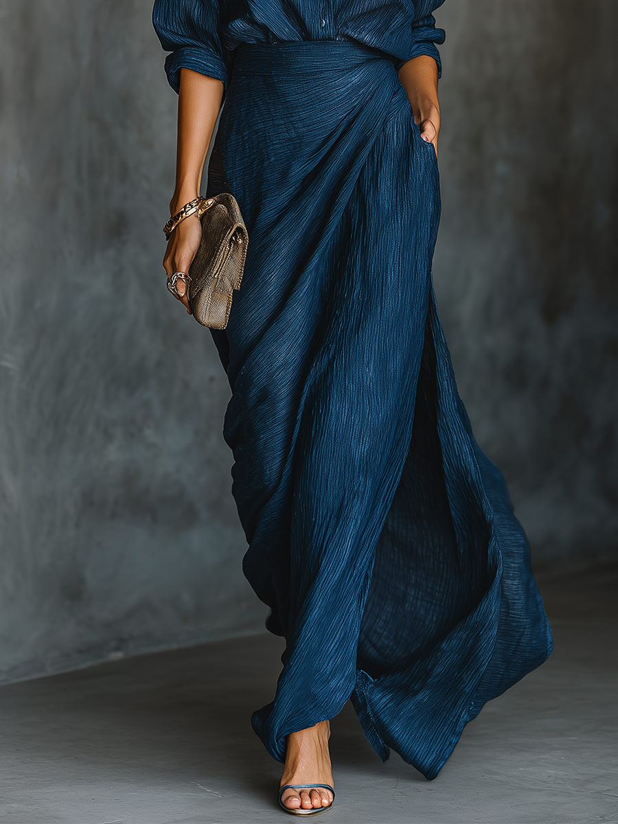 Women's Elegant Dark Blue Cotton And Linen Blend Shirt Long Skirt Set MDA0665H5T