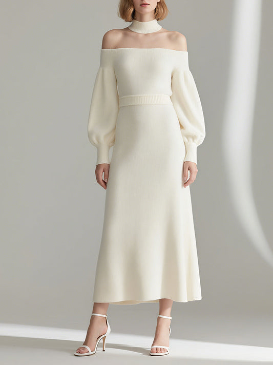 Women’s Cream Chic Knit Off-Shoulder Balloon-Sleeve Maxi Dress MDA1998H0I
