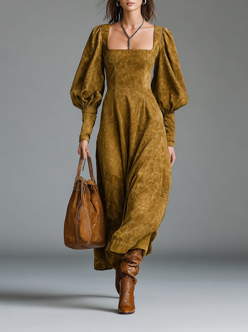 Women's Solid Color Environmentally Friendly Imitation Suede Pull Square Collar Long Sleeve Maxi Dress MDA0148H2Y