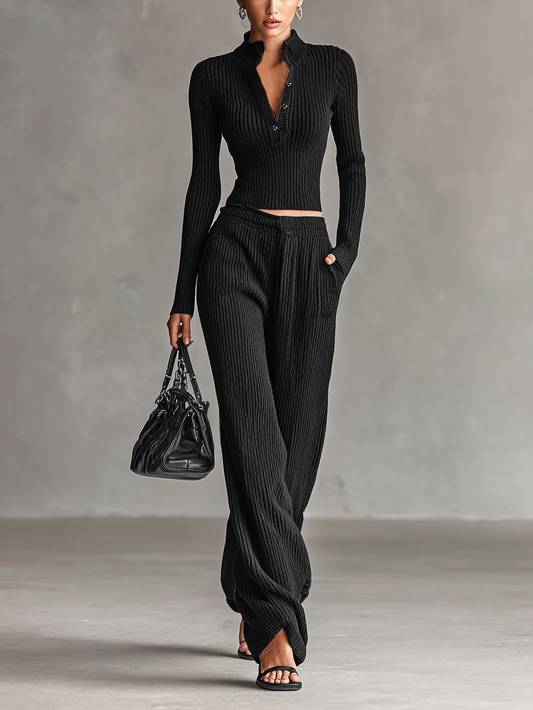 Women's All Black Tight Knitted Button Stand Collar Sweater Straight Pants Set MDA1525H4Y