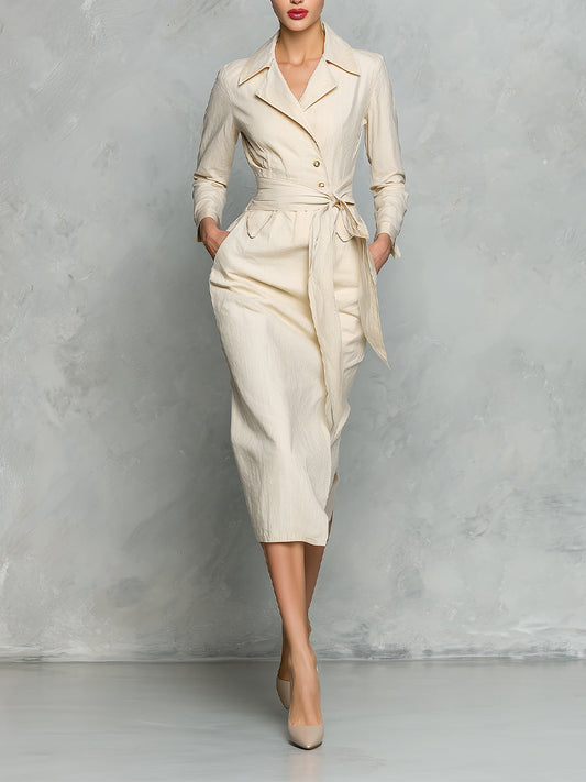 Women's Beige Elegant Cotton Blended Fabric Belted Trench Midi Dress MDA1927H6I