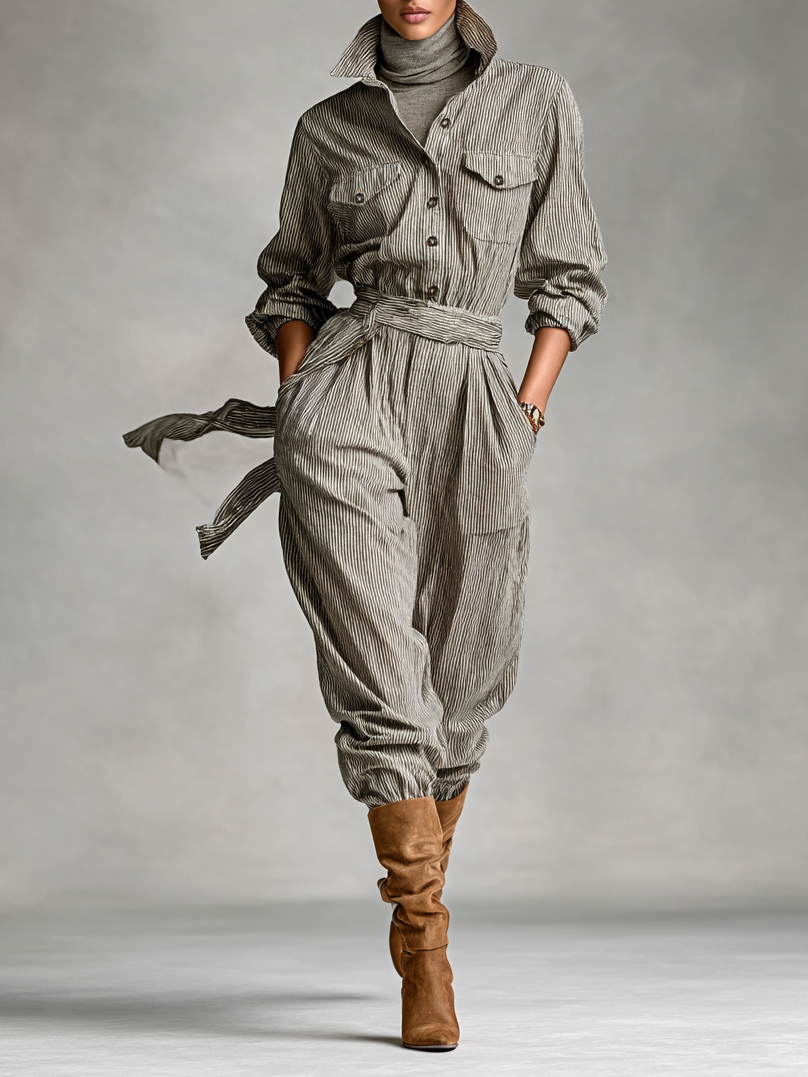 Women's Fashion Striped Lapel Long Sleeve Jumpsuit MDA3015G1Y