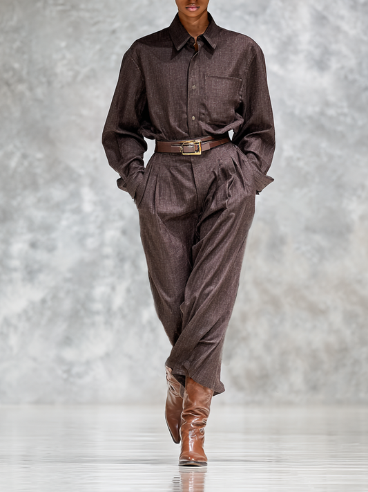 Women's Cotton-linen Blended Long-sleeved Shirt Straight-leg Pants Two-piece Set (belt Not Included)MDA3144G8Y