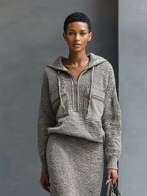 Women's Fashion Knitted Hooded Double Chest Pocket Sweater Skirt Set MDA1857H0Y