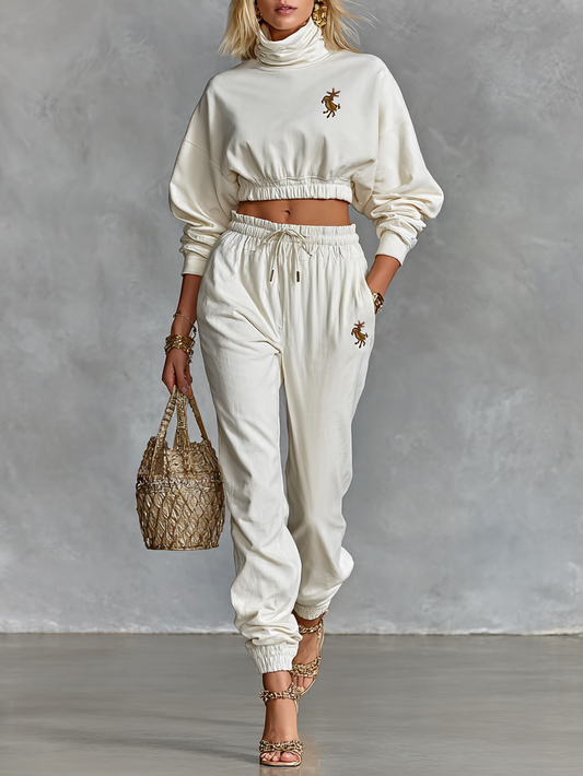 Women's Embroidered High-neck Short Sweatshirt And Sweatpants Set MDA1325H9Y