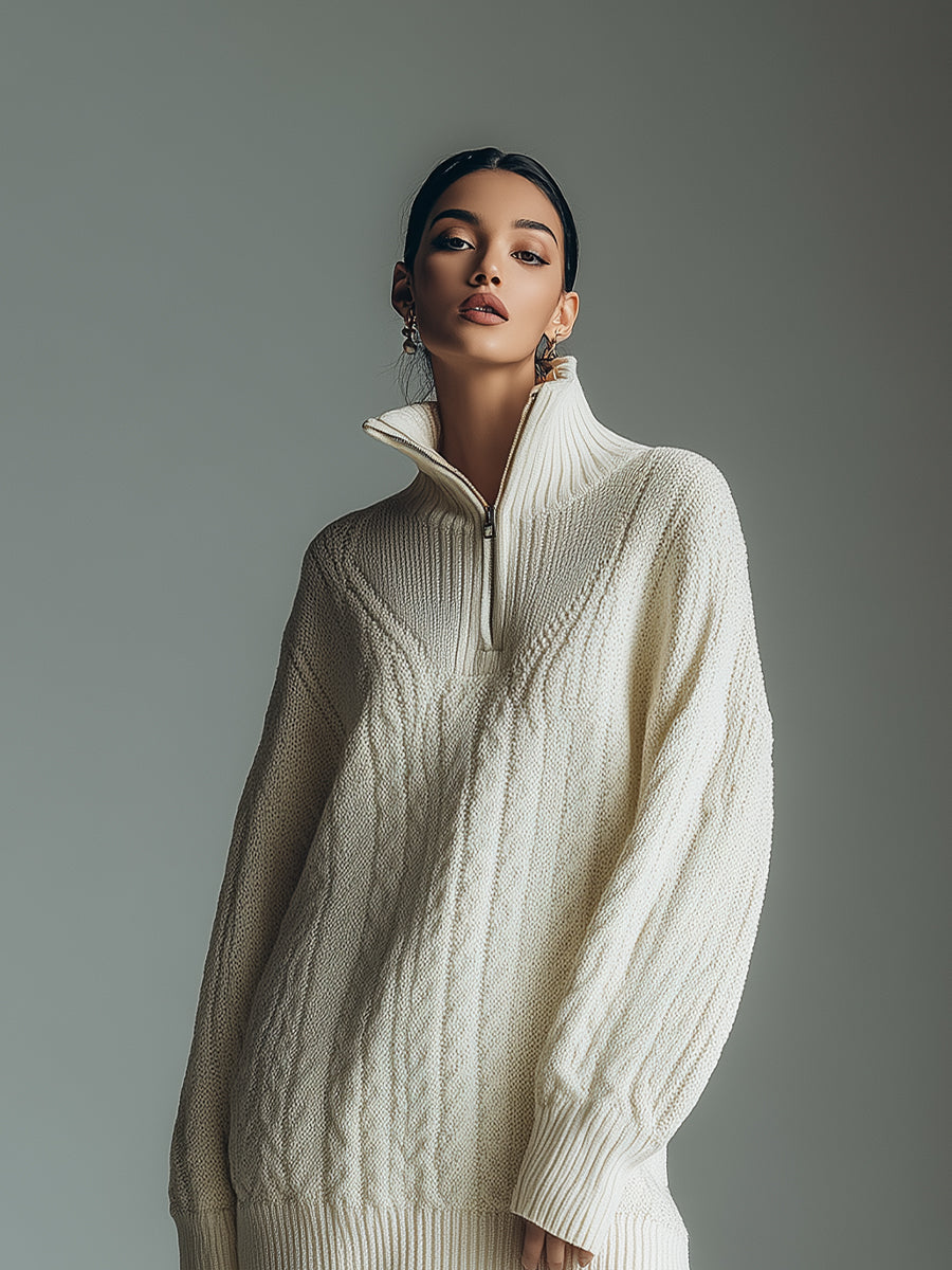Women's Creamy White Casual Cable - Knit Half - Zip Sweater Mini Dress MDA1337H6I